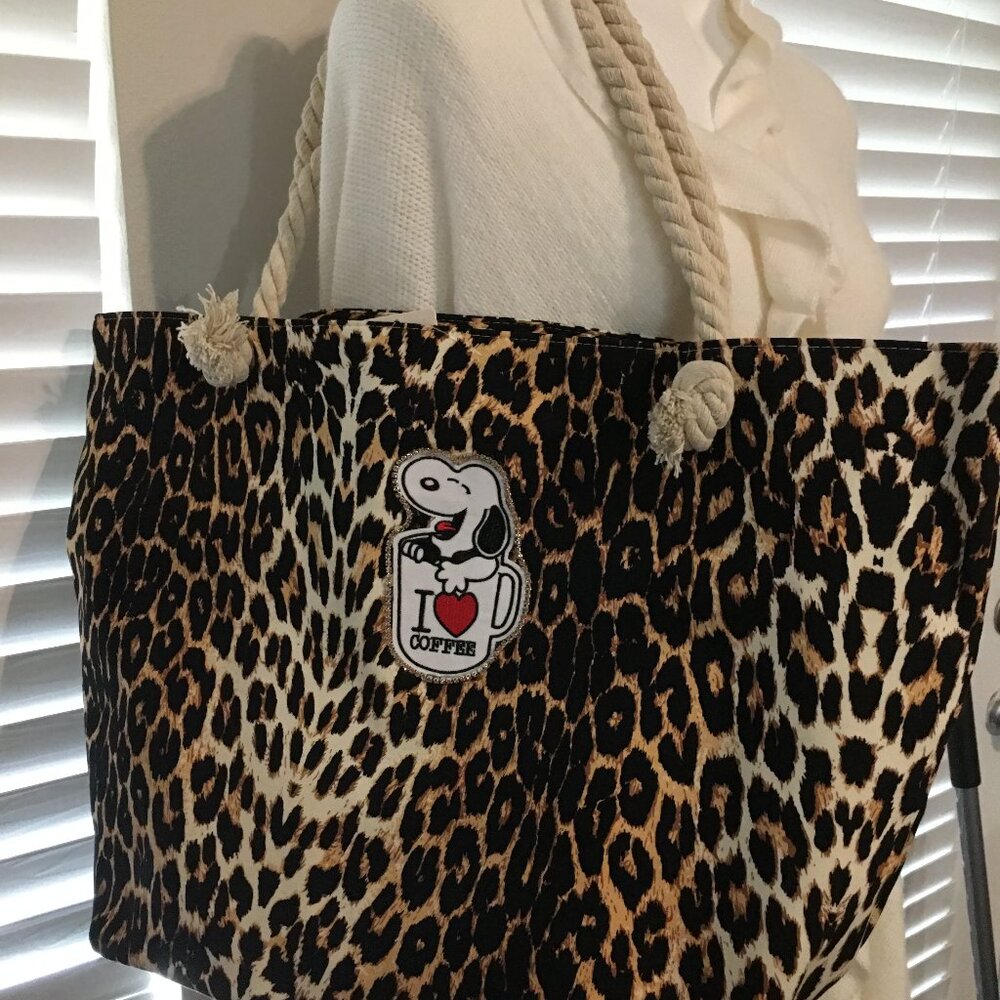 I LOVE Coffee Snoopy Leopard Tote Bag = 17x13 One of A Kind